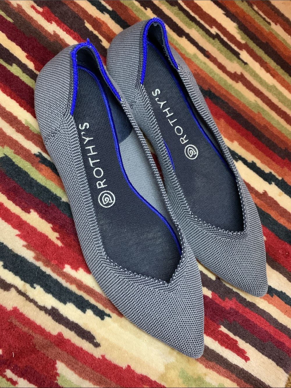 Rothy's The Point Knit Ballet Flat in Cloud Gray with Blue Trim